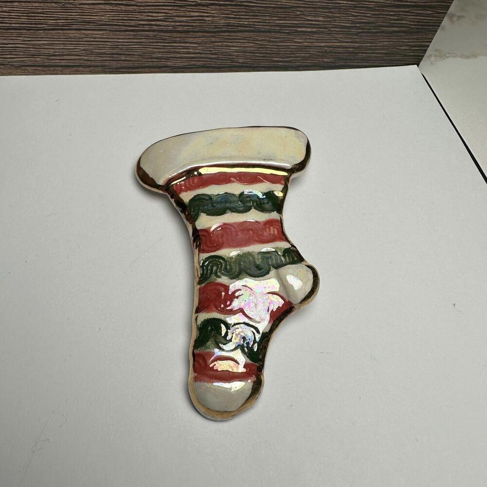 Ceramic Hand Crafted Christmas Stocking Striped Brooch Pin Holiday